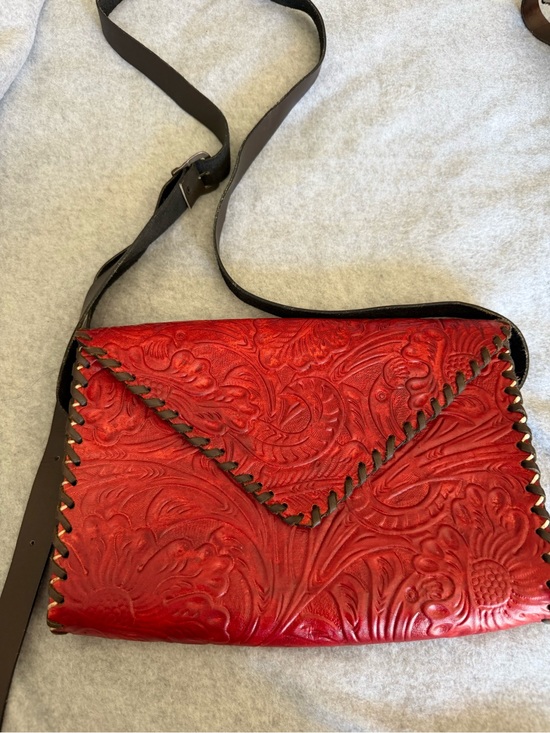 Handbags - Red Tooled Leather Crossbody Bag with Braided Trim